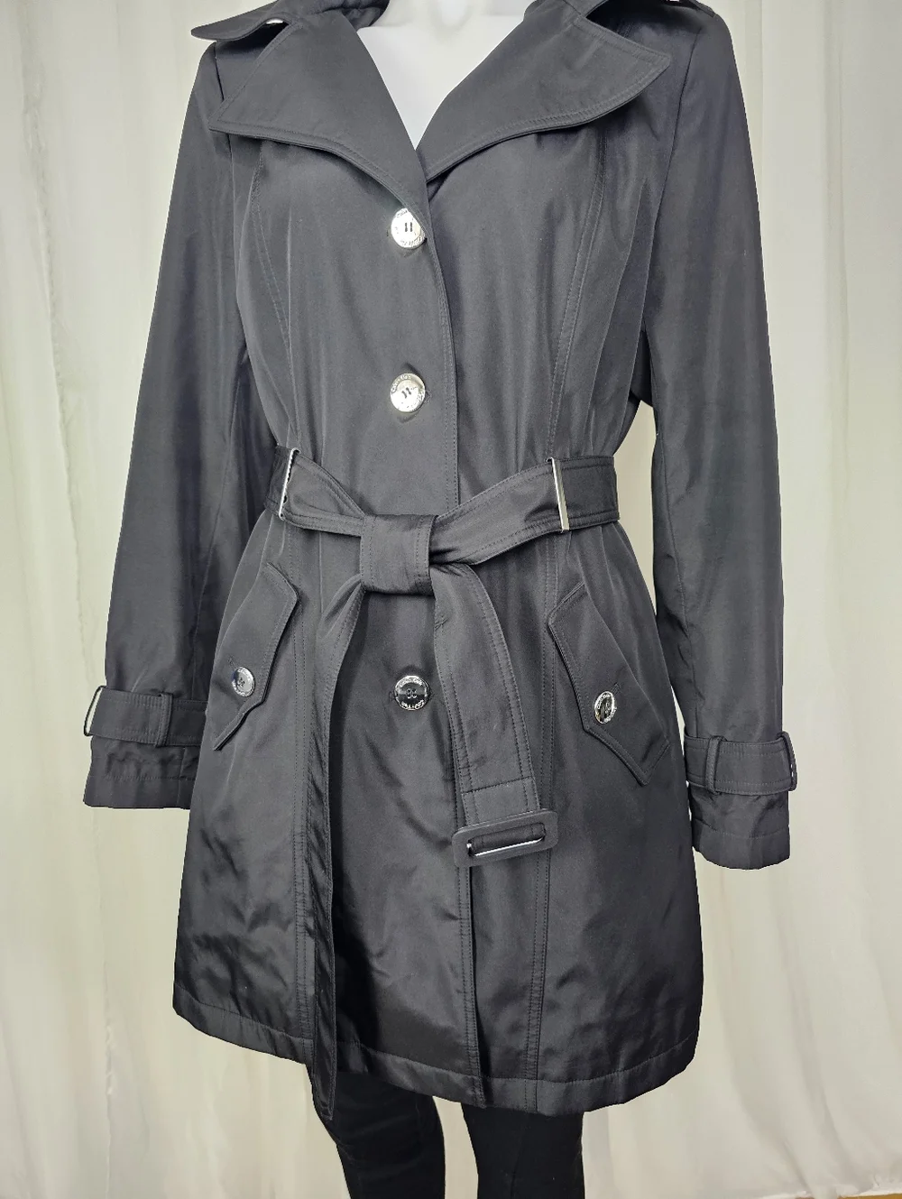 Calvin Klein Black Belted Hooded Lightweight Trench Coat Raincoat Medium - Picture 3 of 14